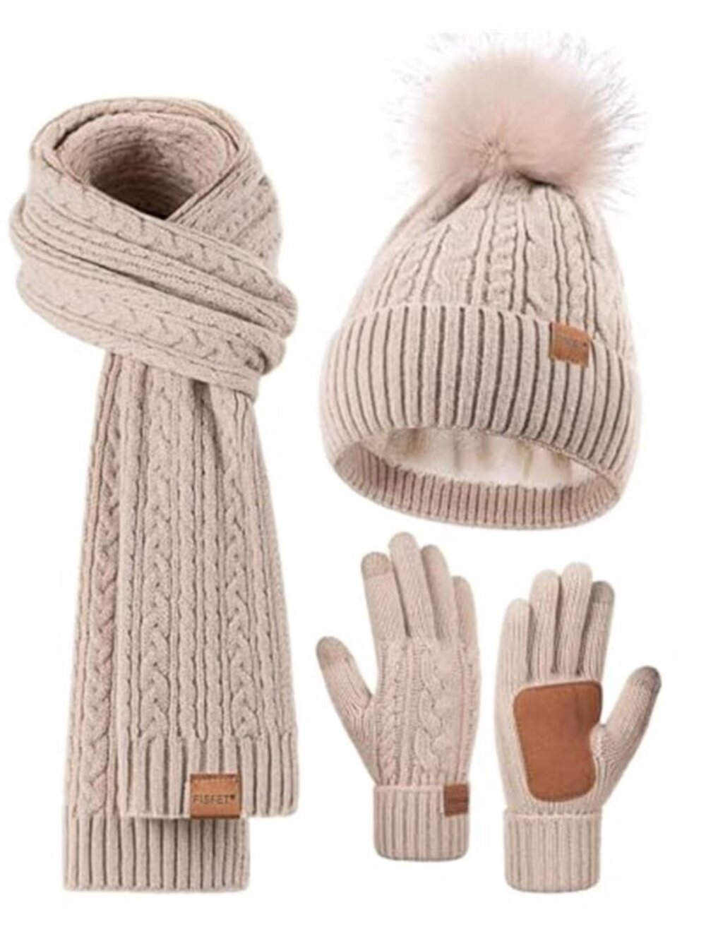 Womens Winter Hat Scarf Gloves Set Fleece Lined Knit Pom Pom Touchscreen